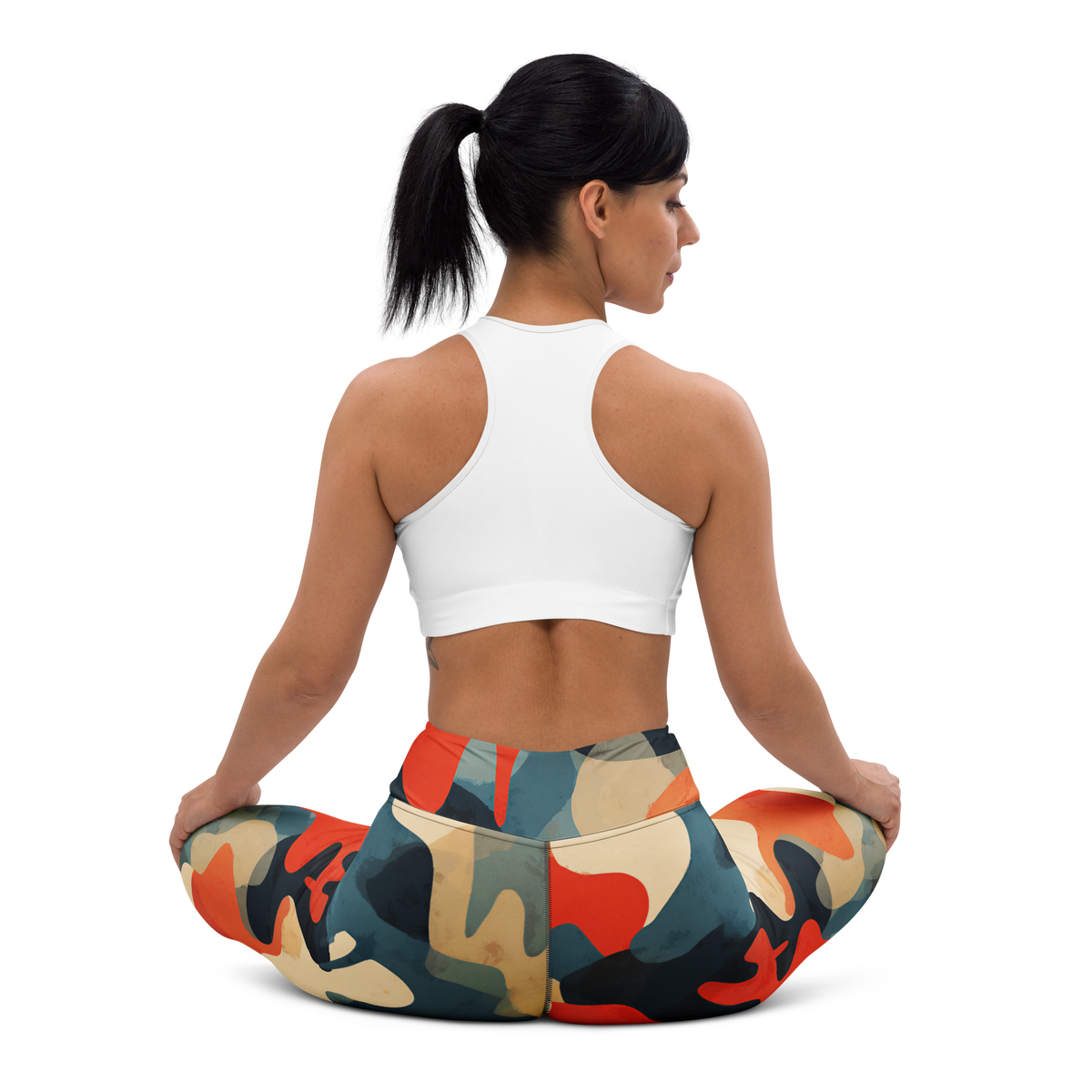 Dripp Tidal Signal camouflage high-waisted yoga leggings, seated back view.