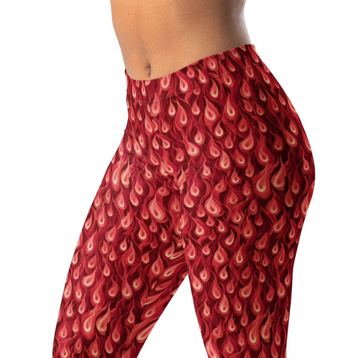 Flamelette Red A1 mid-rise comfort leggings, waistband and pattern detail.