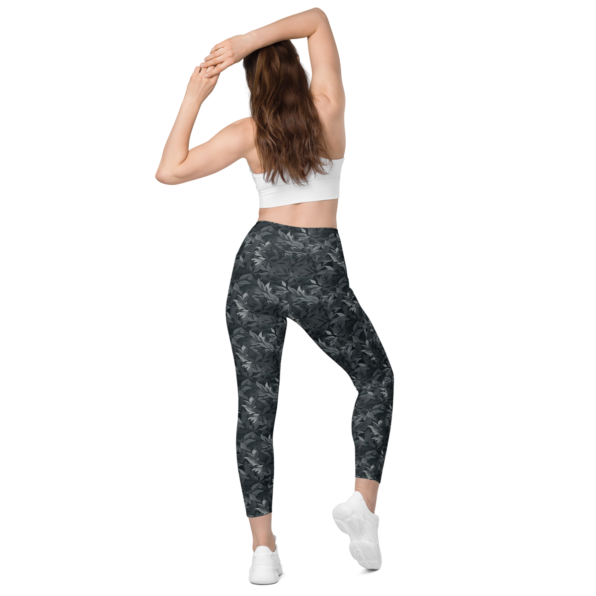 Folia Greyscale high-waisted pocket leggings, back view.