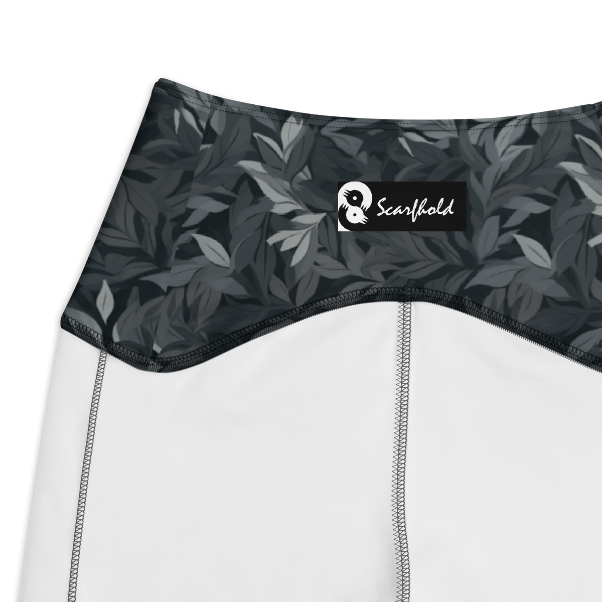 Folia Greyscale high-waisted pocket leggings, inside-label and construction detail.