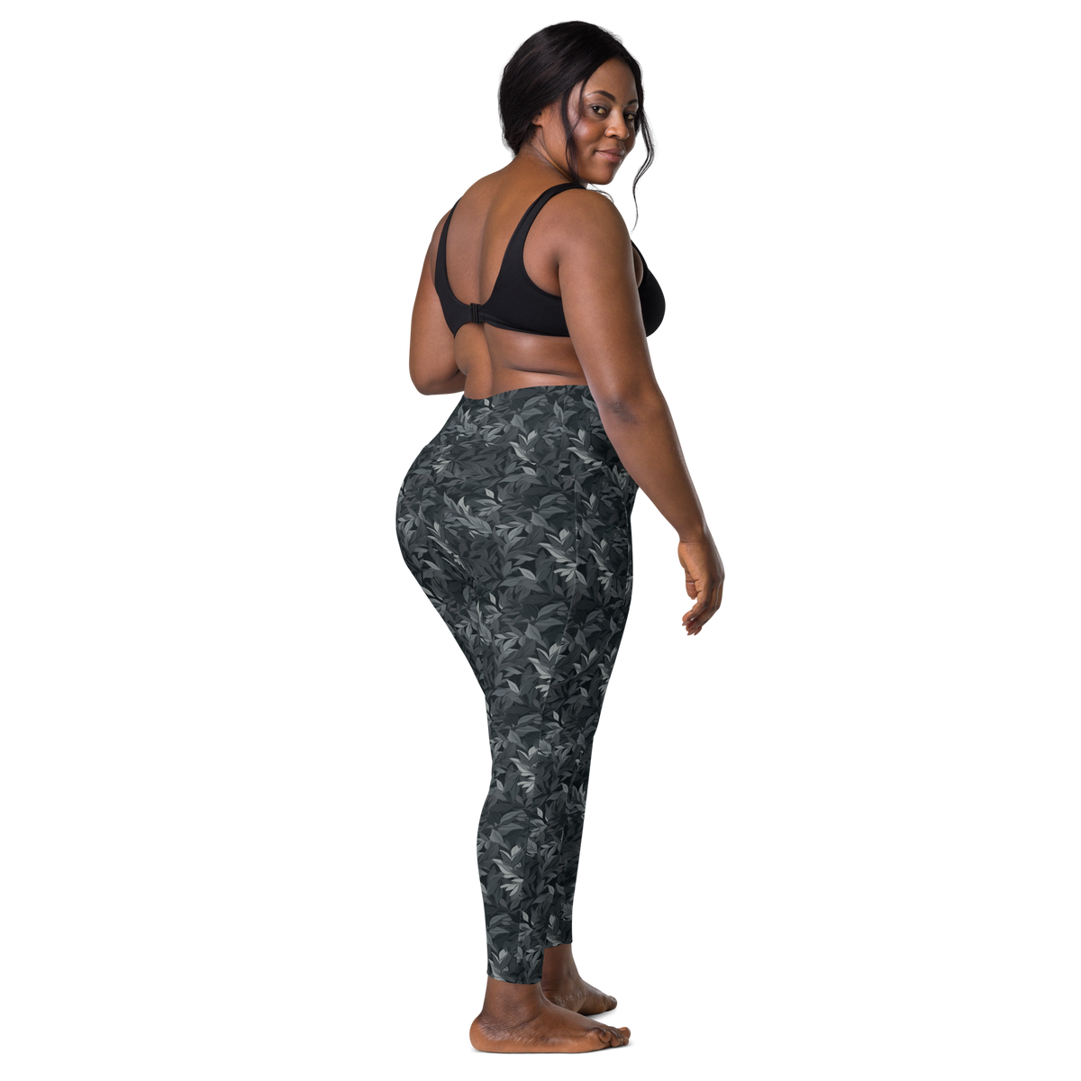 Folia Greyscale high-waisted pocket leggings, larger-model back view.