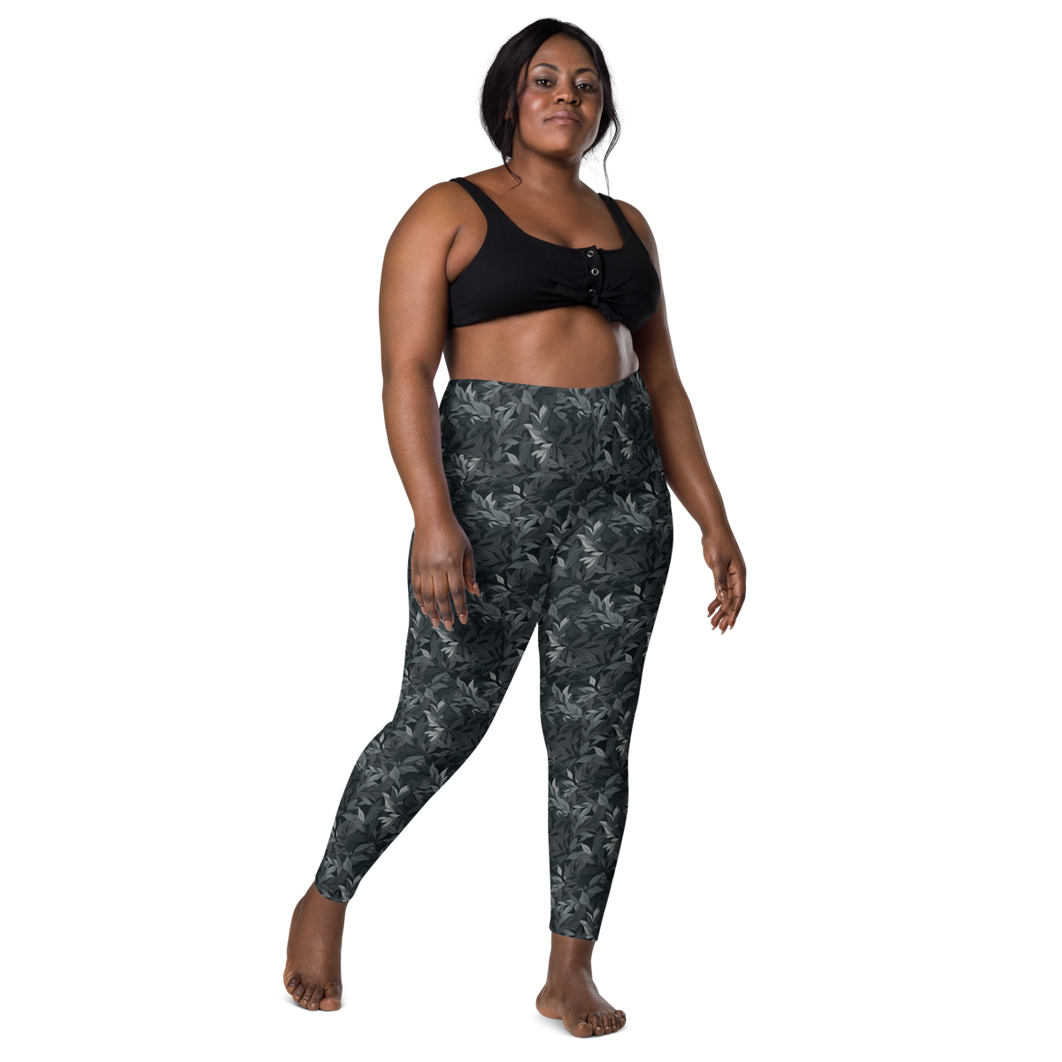 Folia Greyscale high-waisted pocket leggings, larger-model front view.