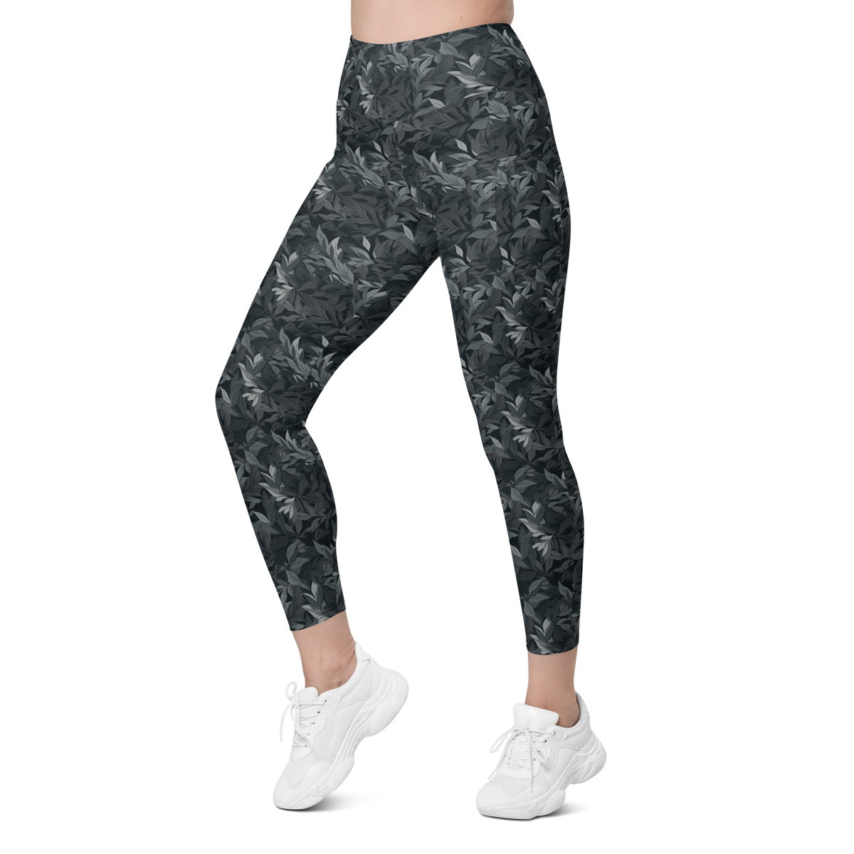 Folia Greyscale high-waisted pocket leggings, left-front view.