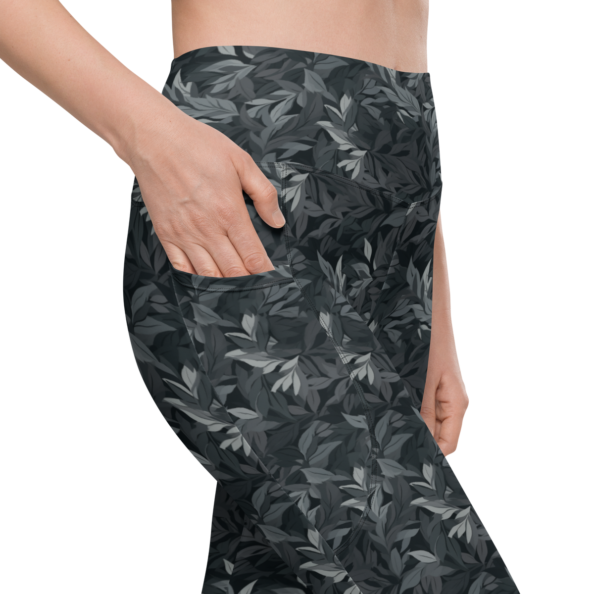 Folia Greyscale high-waisted pocket leggings, pocket detail.