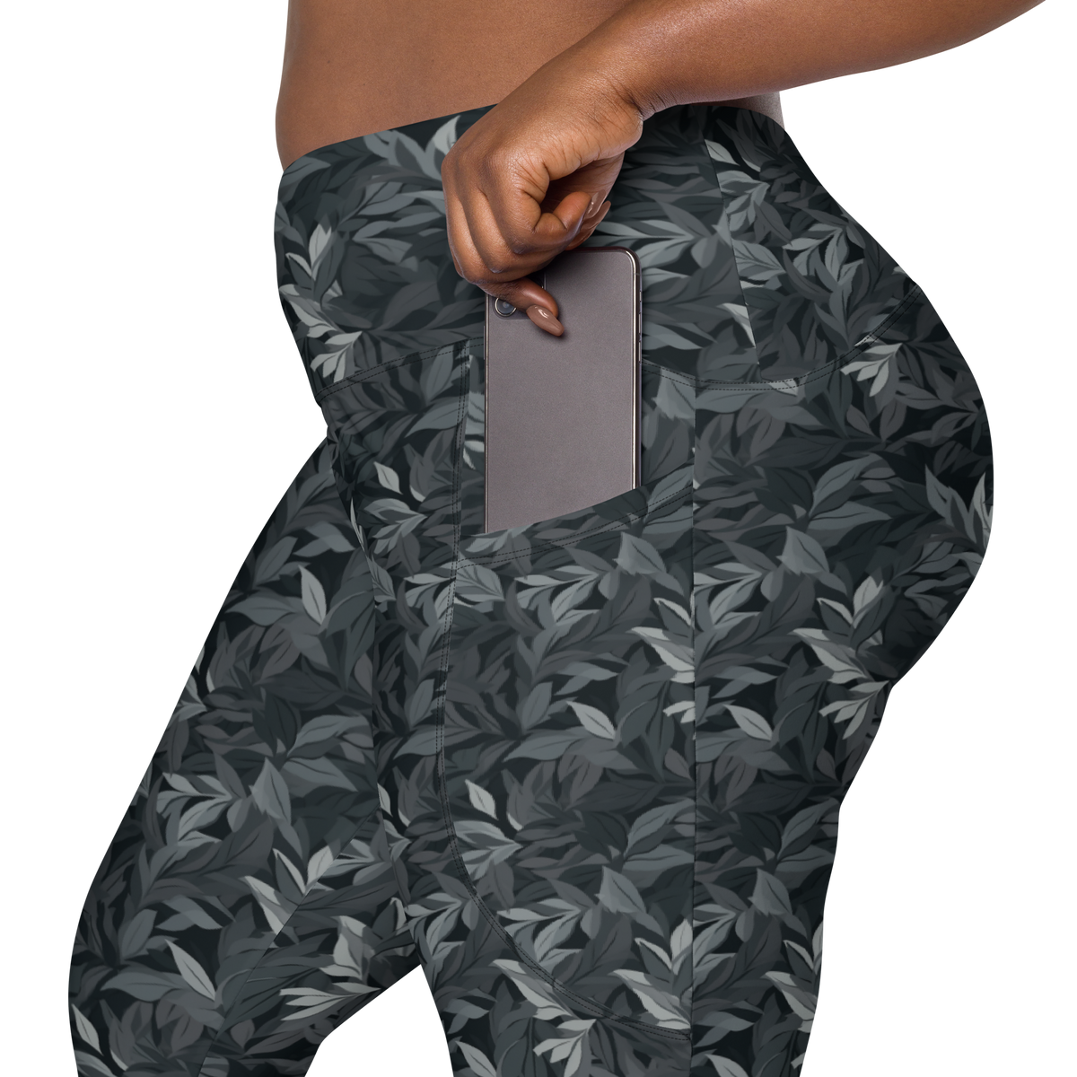 Folia Greyscale high-waisted pocket leggings, rear pocket detail.
