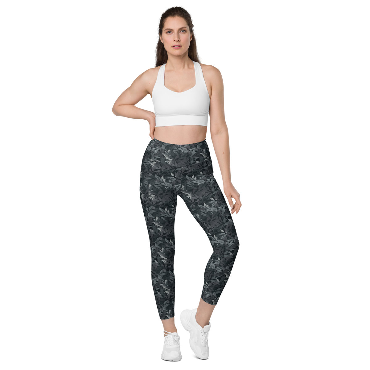 Folia Greyscale high-waisted pocket leggings, straight-front view.