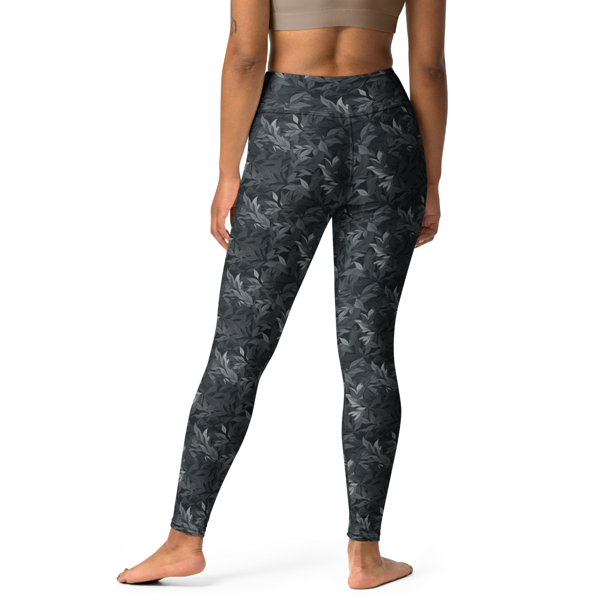 Folia Greyscale high-waisted yoga leggings, back view.