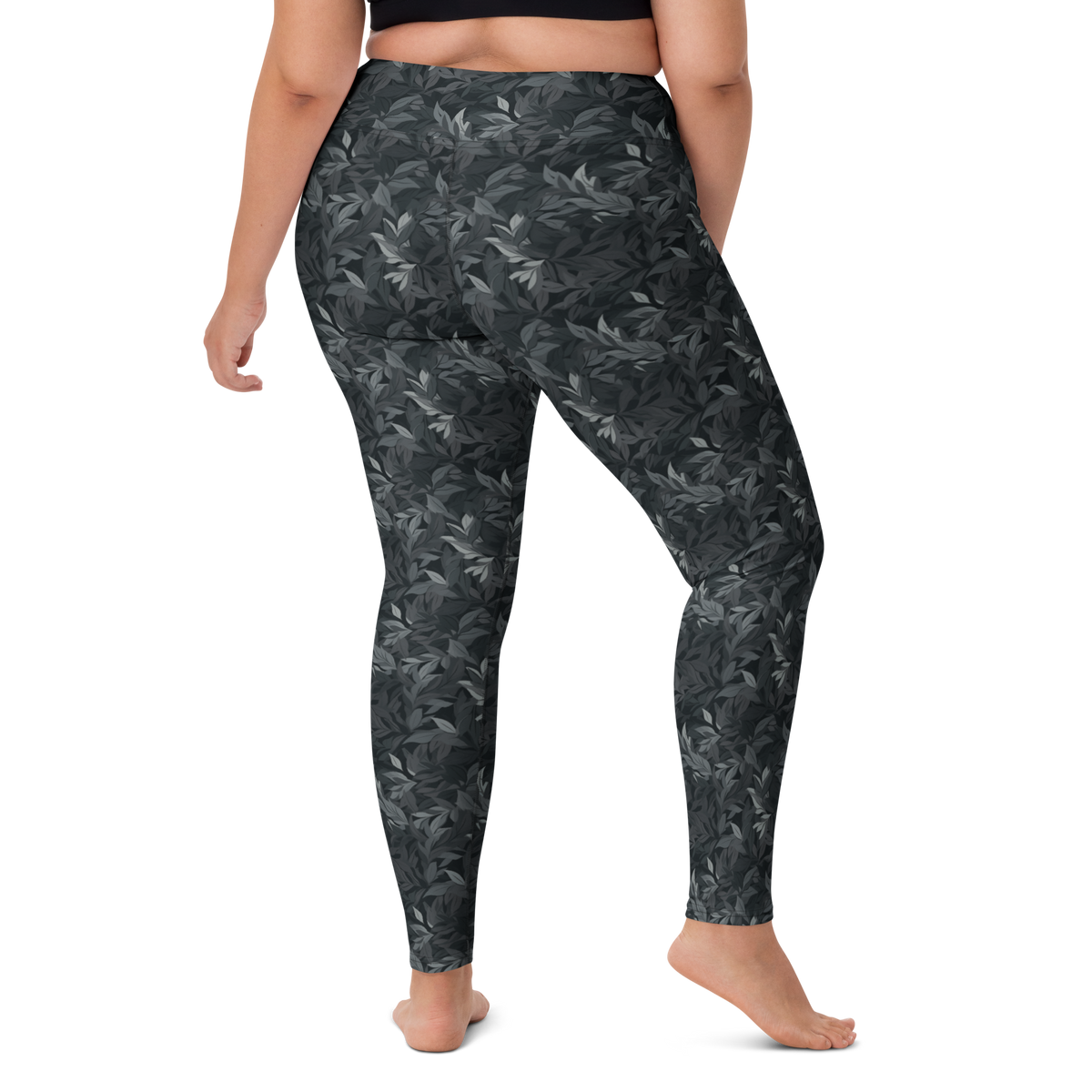 Folia Greyscale high-waisted yoga leggings, larger-model right-back view.