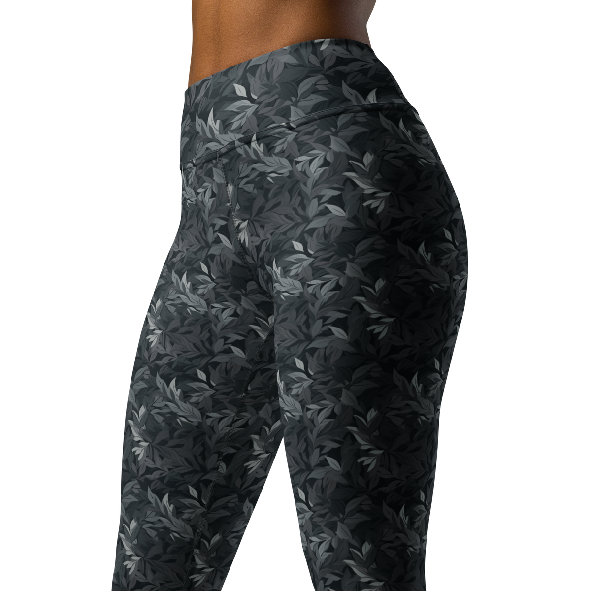 Folia Greyscale high-waisted yoga leggings, close pattern view.