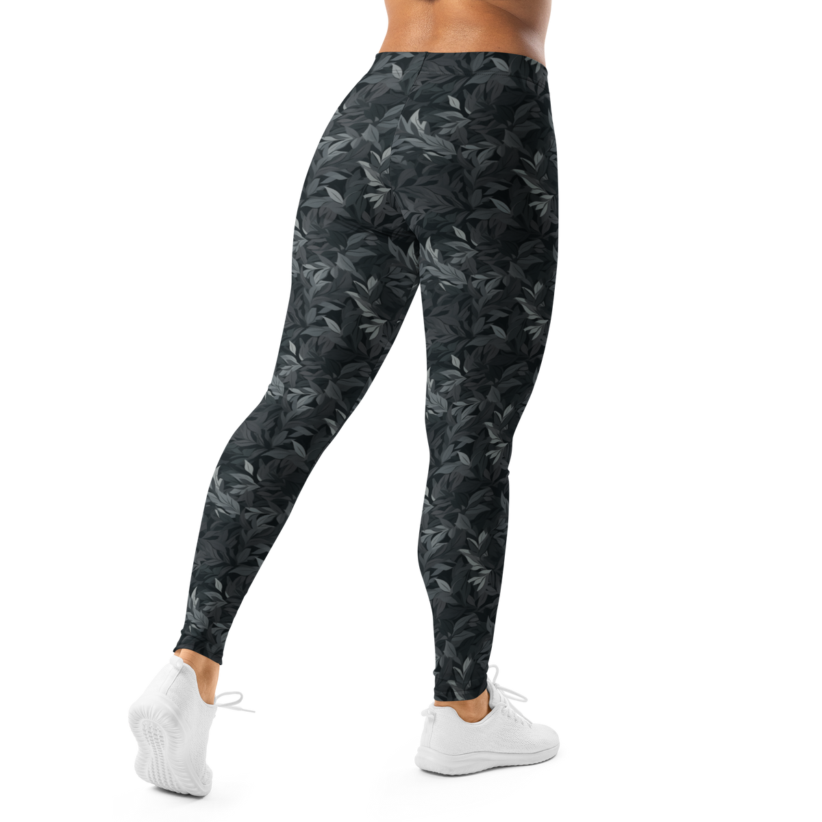 Folia Greyscale mid-rise comfort leggings, back view.