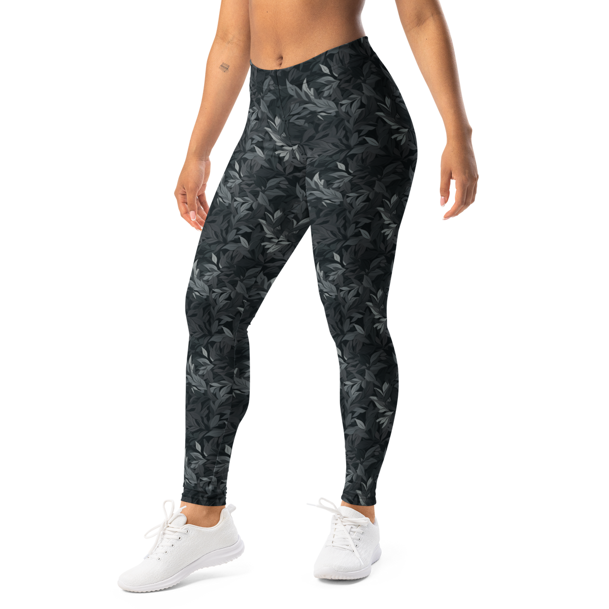Folia Greyscale mid-rise comfort leggings, left-front view.