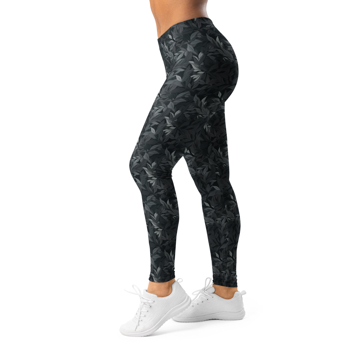 Folia Greyscale mid-rise comfort leggings, left-side view.