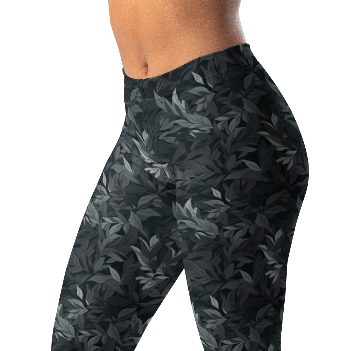 Folia Greyscale mid-rise comfort leggings, waistband and pattern detail.