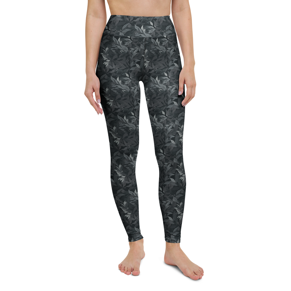 Folia · Greyscale high-waisted yoga leggings, straight front view, barefoot.