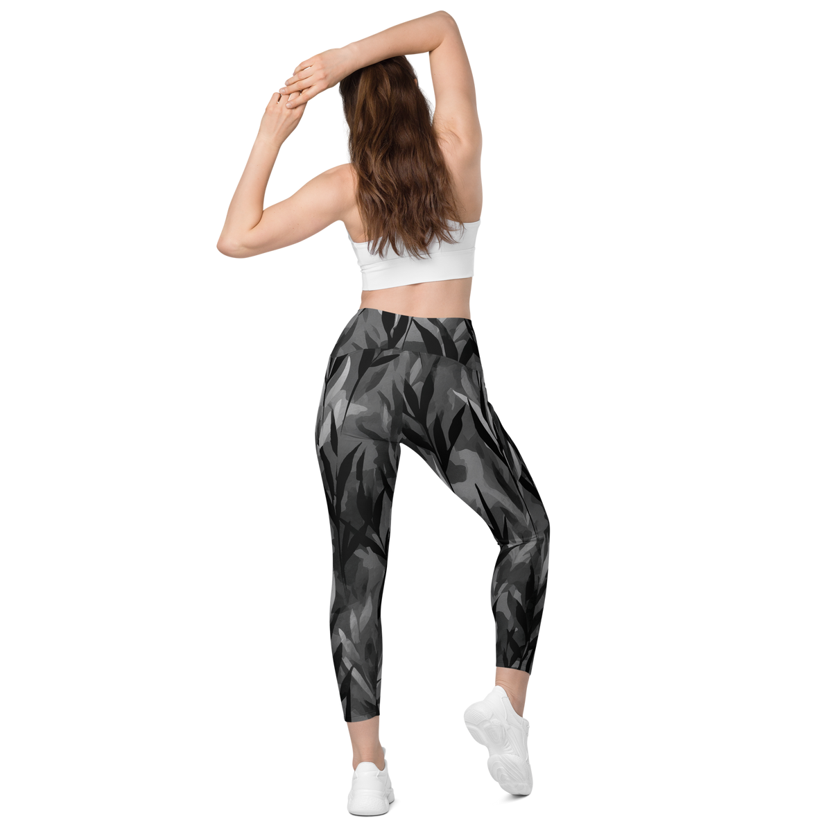 Gardenia Greyscale high-waisted pocket leggings, back view.
