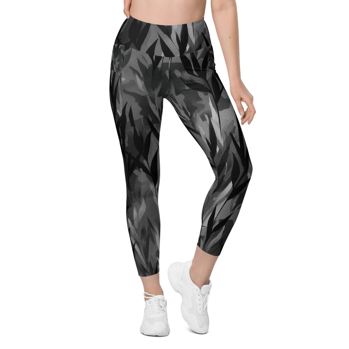 Gardenia Greyscale high-waisted pocket leggings, front view.
