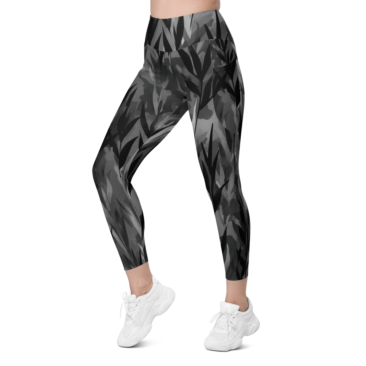 Gardenia Greyscale high-waisted pocket leggings, left-front view.