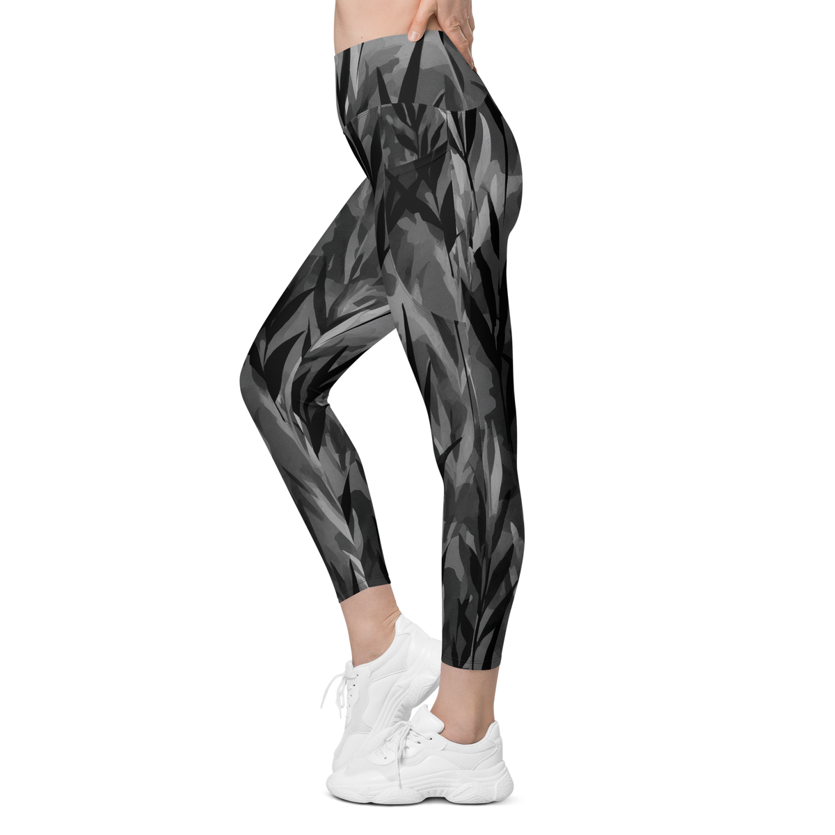 Gardenia Greyscale high-waisted pocket leggings, movement view.
