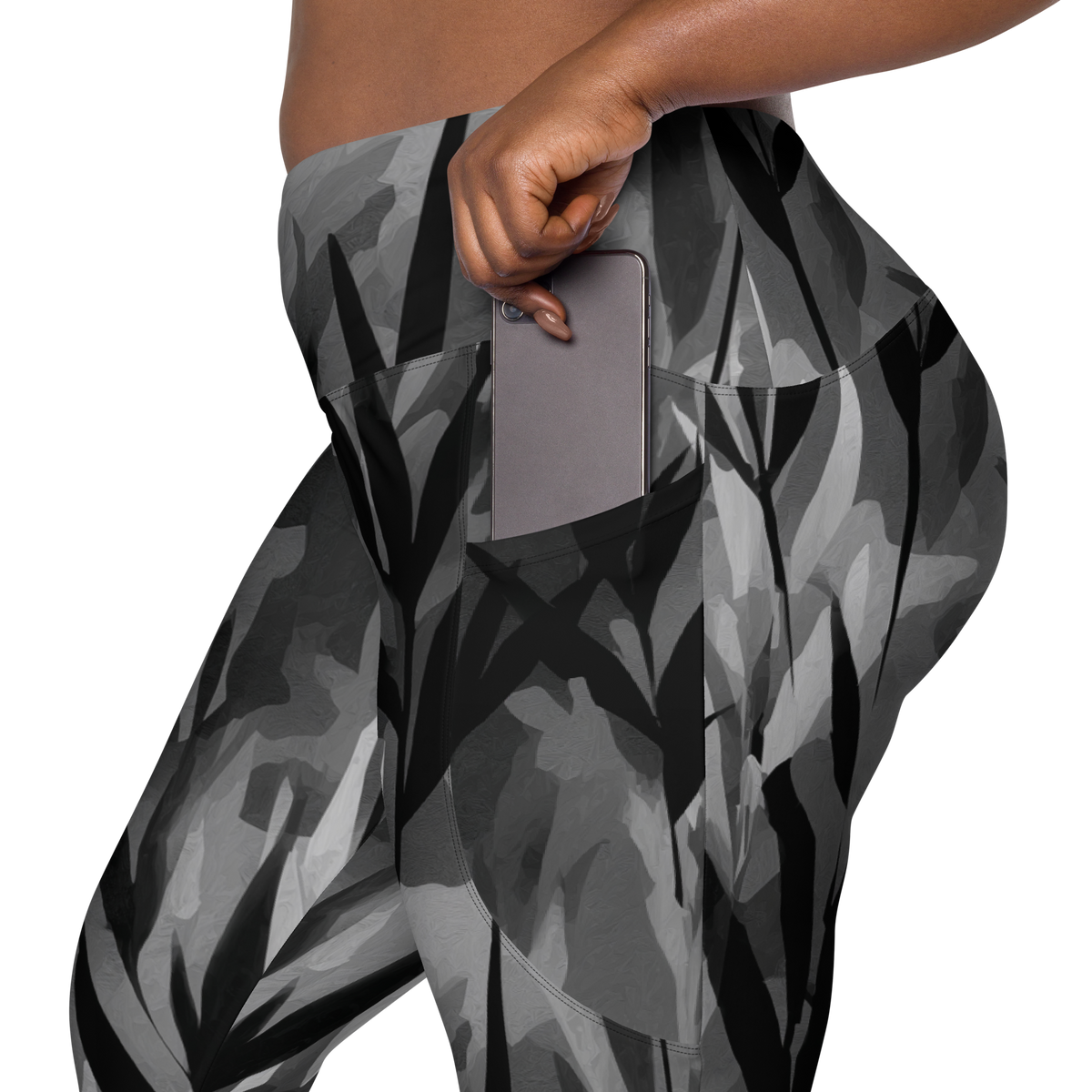 Gardenia Greyscale high-waisted pocket leggings, rear pocket detail.