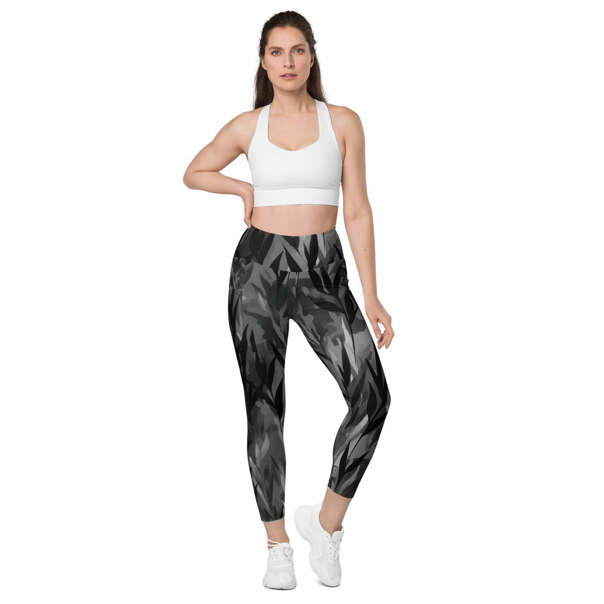 Gardenia Greyscale high-waisted pocket leggings, straight-front view.