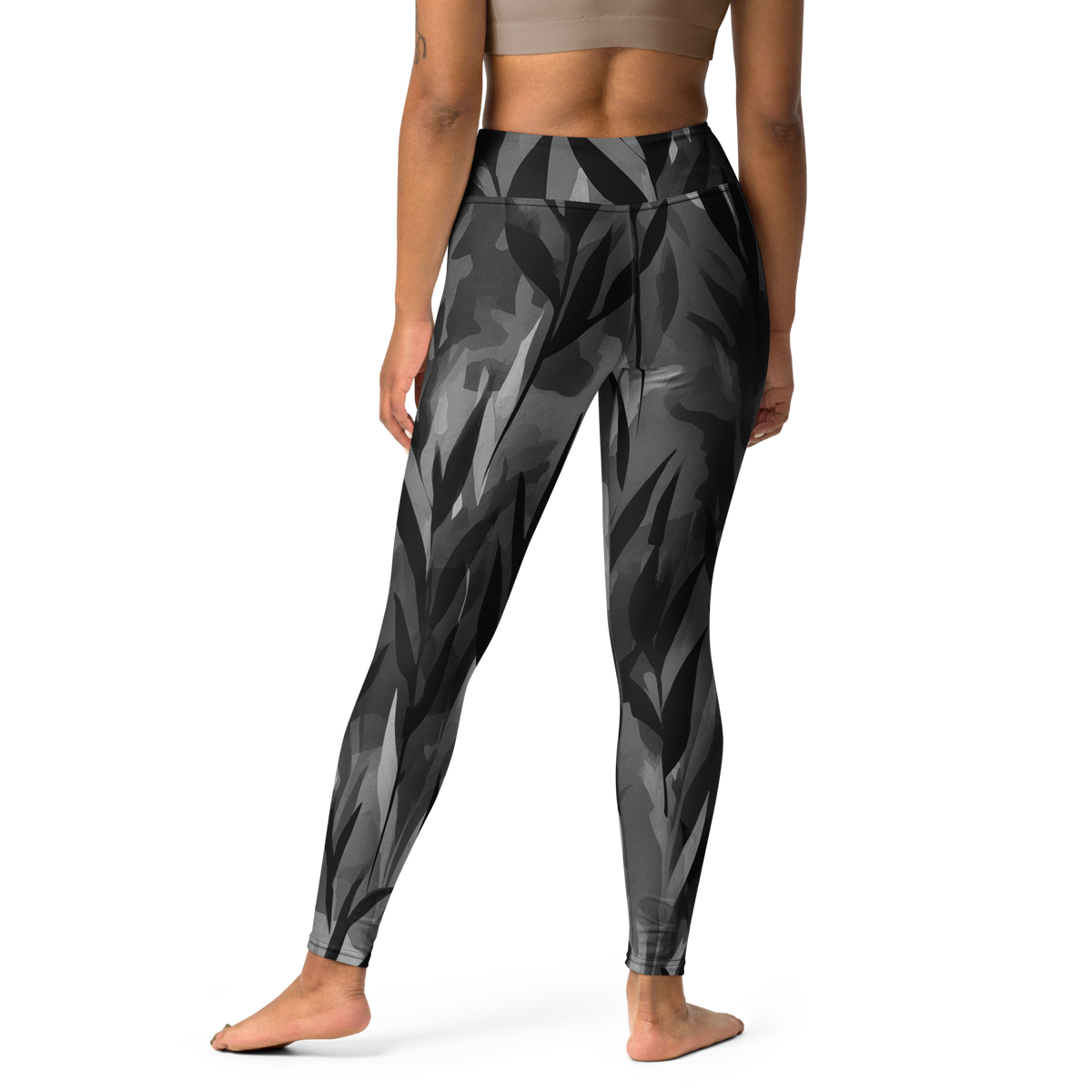 Gardenia Greyscale high-waisted yoga leggings, back view.
