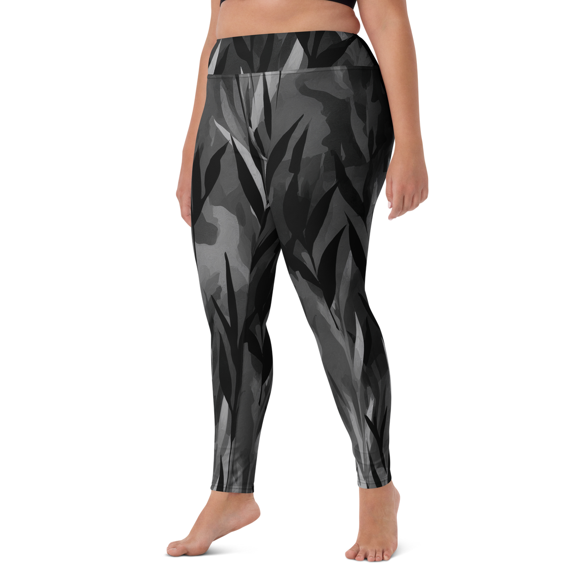 Gardenia Greyscale high-waisted yoga leggings, larger-model left-front view.