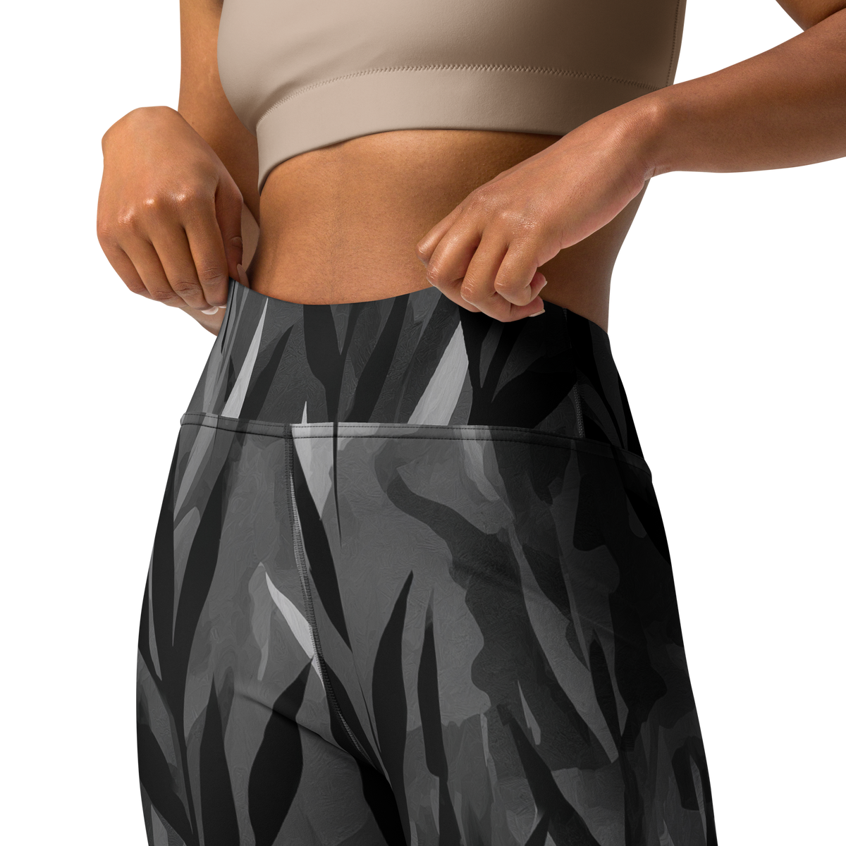 Gardenia Greyscale high-waisted yoga leggings, waistband and construction detail.