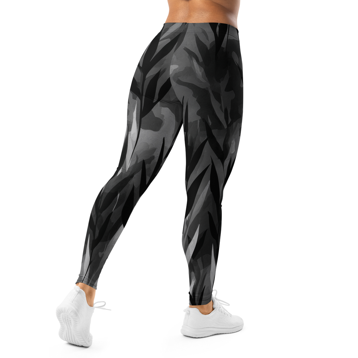 Gardenia Greyscale mid-rise comfort leggings, back view.