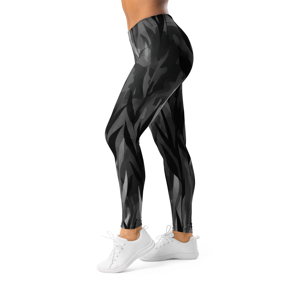 Gardenia Greyscale mid-rise comfort leggings, left-side view.