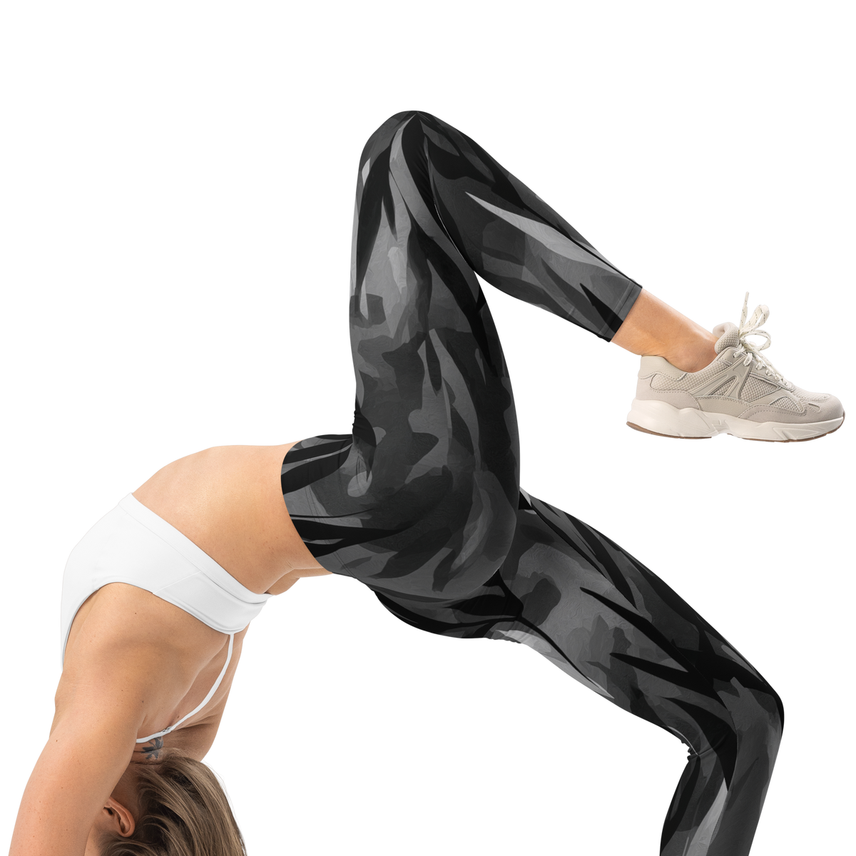 Gardenia Greyscale mid-rise comfort leggings, right-side view.