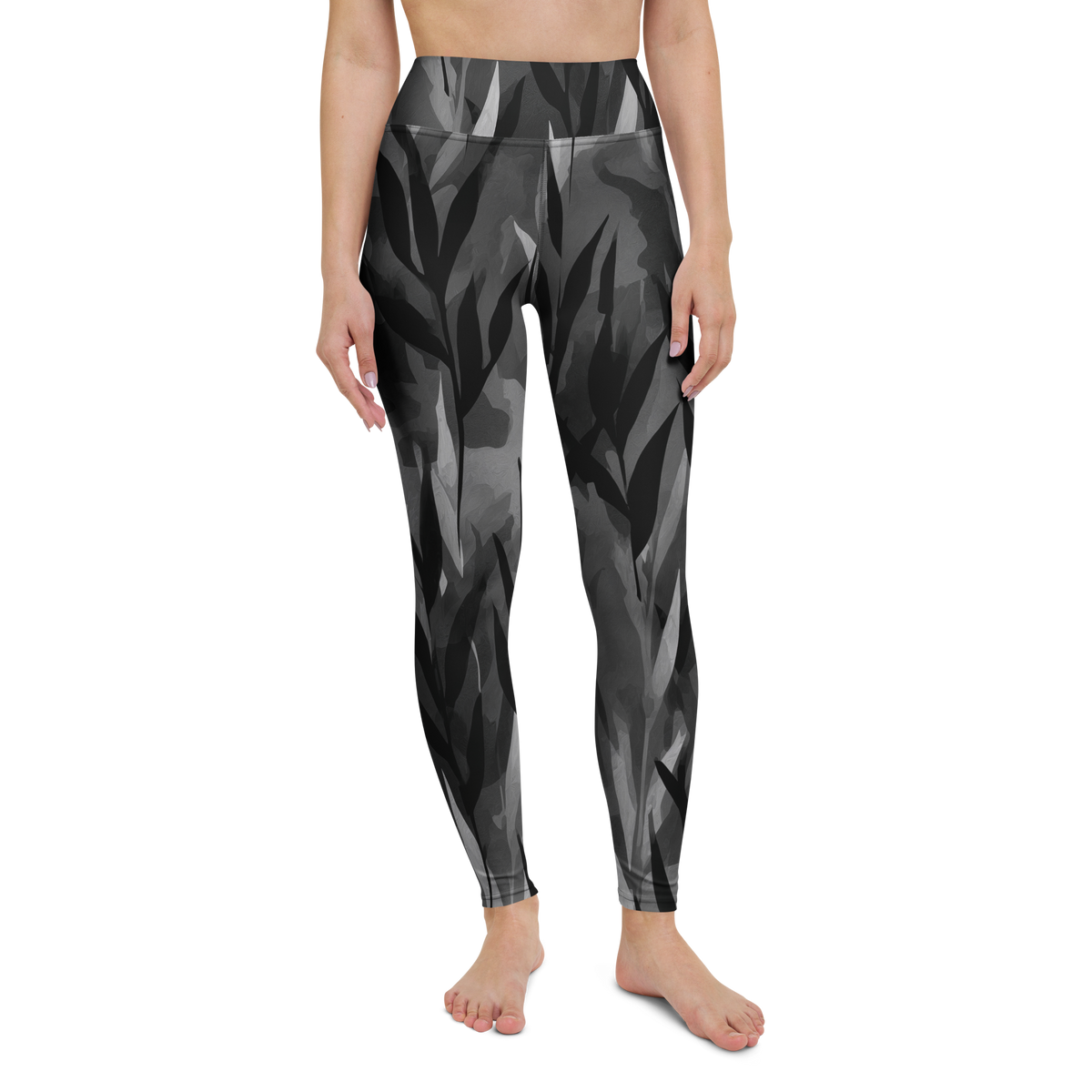 Gardenia · Greyscale high-waisted yoga leggings, straight front view, barefoot.