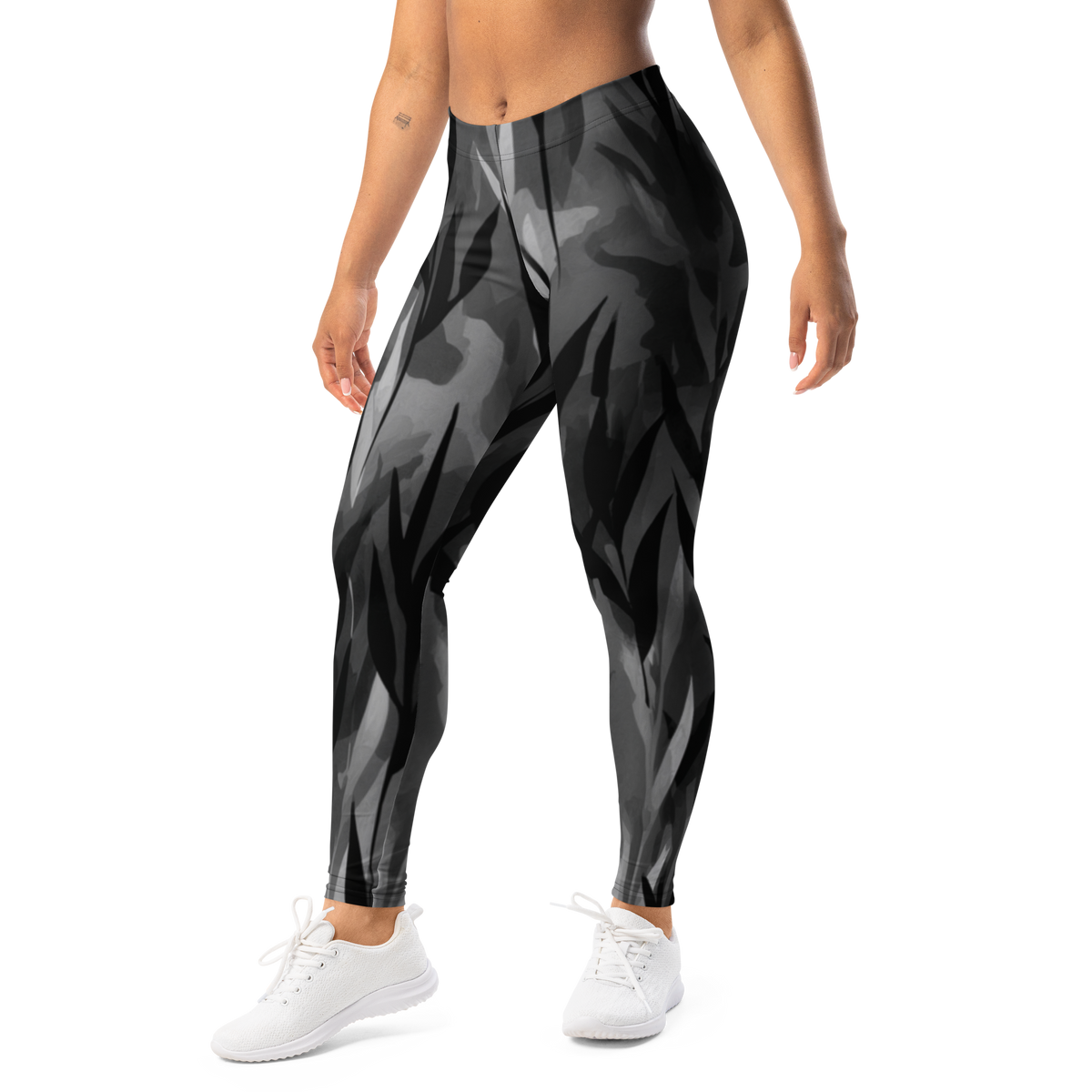 Gardenia · Greyscale mid-rise everyday leggings, left-front view.
