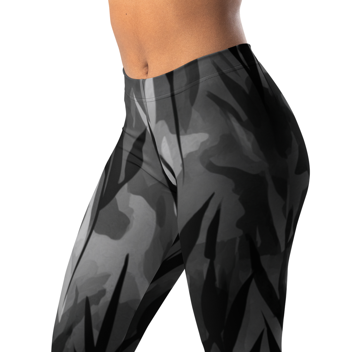Gardenia · Greyscale mid-rise everyday leggings, waistband and pattern detail.