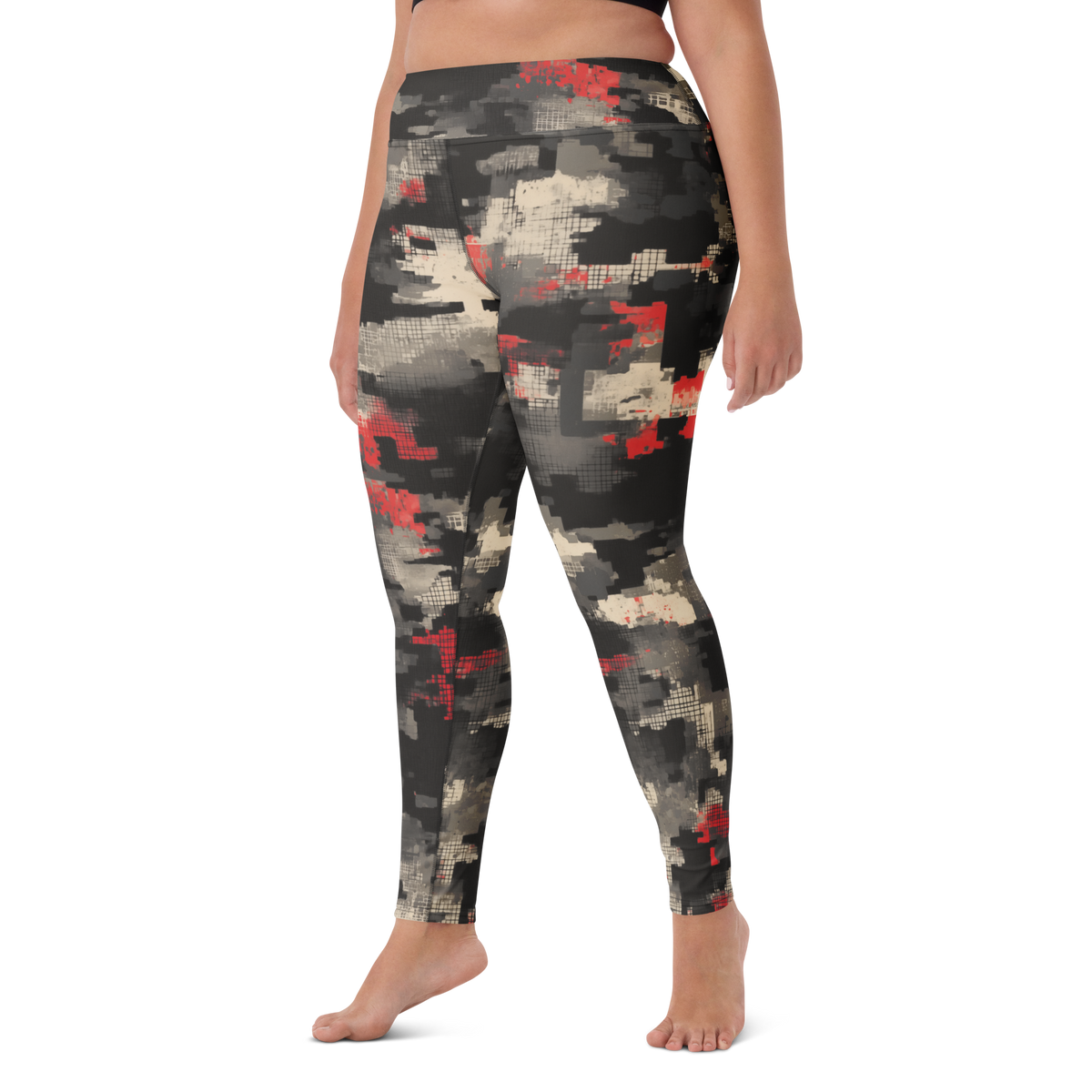 Glitchette Scarfhold Palette camouflage high-waisted yoga leggings, larger-model left-front view.