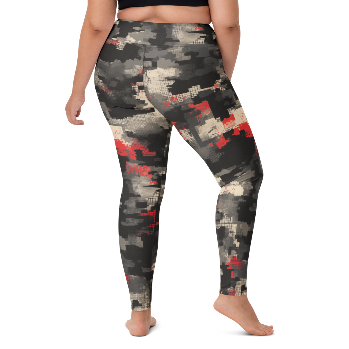 Glitchette Scarfhold Palette camouflage high-waisted yoga leggings, larger-model right-back view.