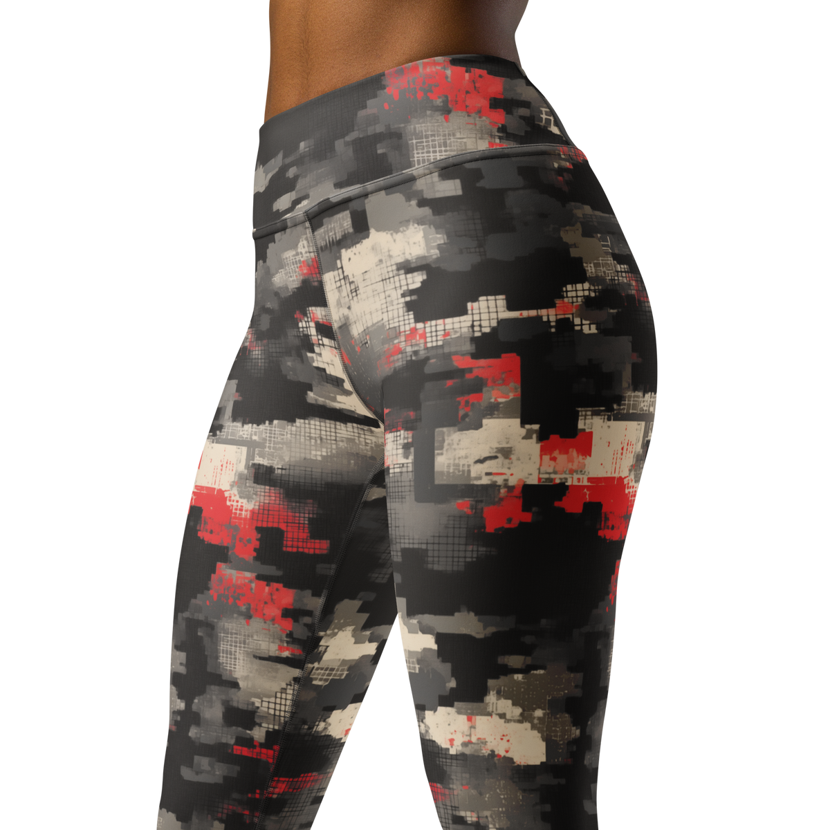 Glitchette Scarfhold Palette camouflage high-waisted yoga leggings, close pattern view.