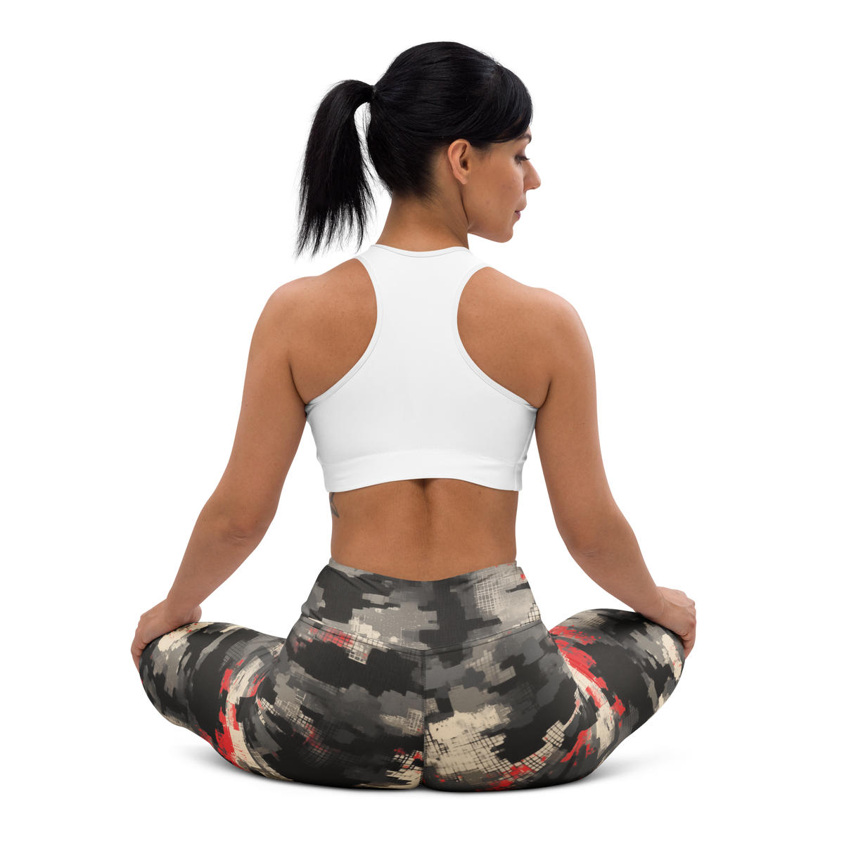 Glitchette Scarfhold Palette camouflage high-waisted yoga leggings, seated back view.