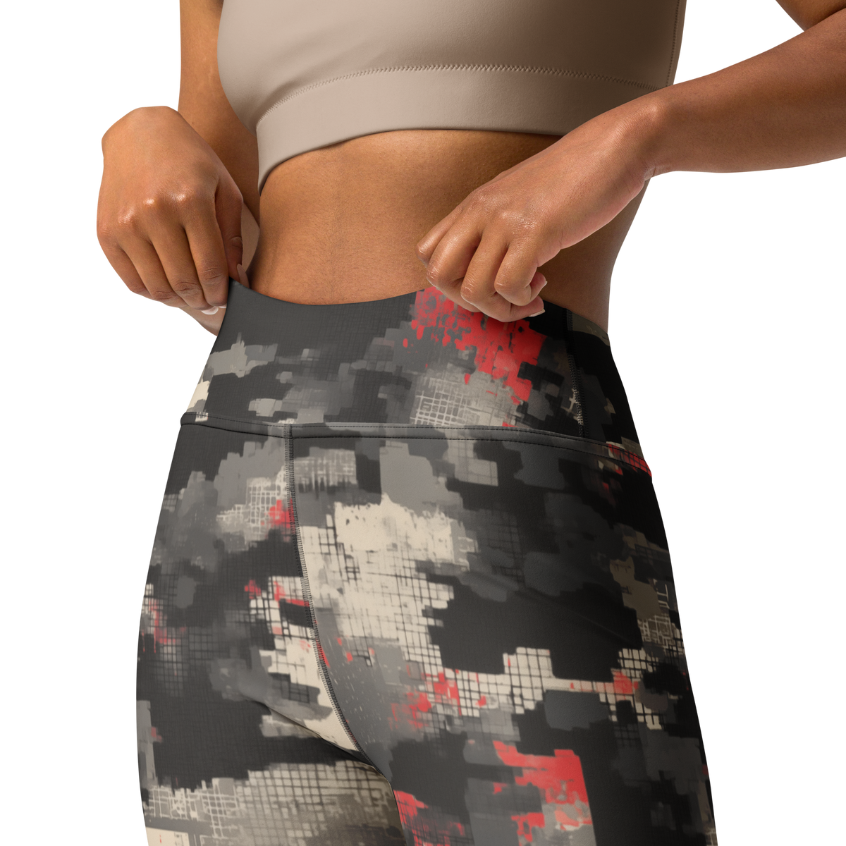 Glitchette Scarfhold Palette camouflage high-waisted yoga leggings, waistband and construction detail.