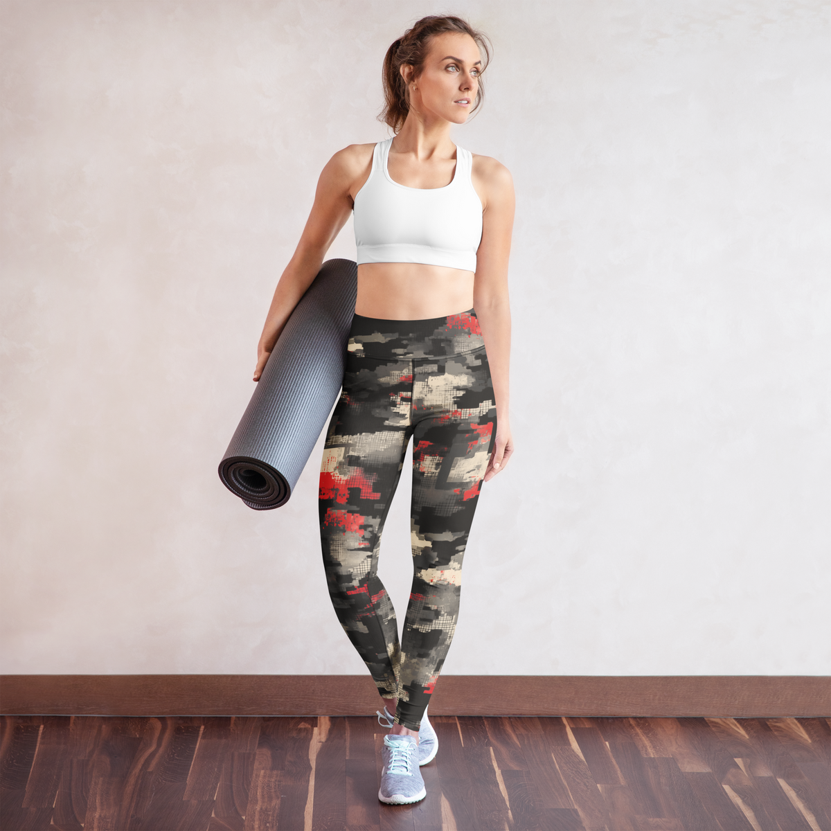 Glitchette Scarfhold Palette camouflage high-waisted yoga leggings, yoga lifestyle view.