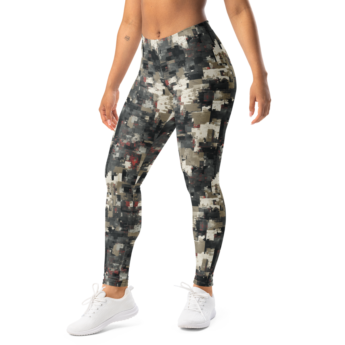 Glitchette Scarfhold camouflage mid-rise comfort leggings, left-front view.
