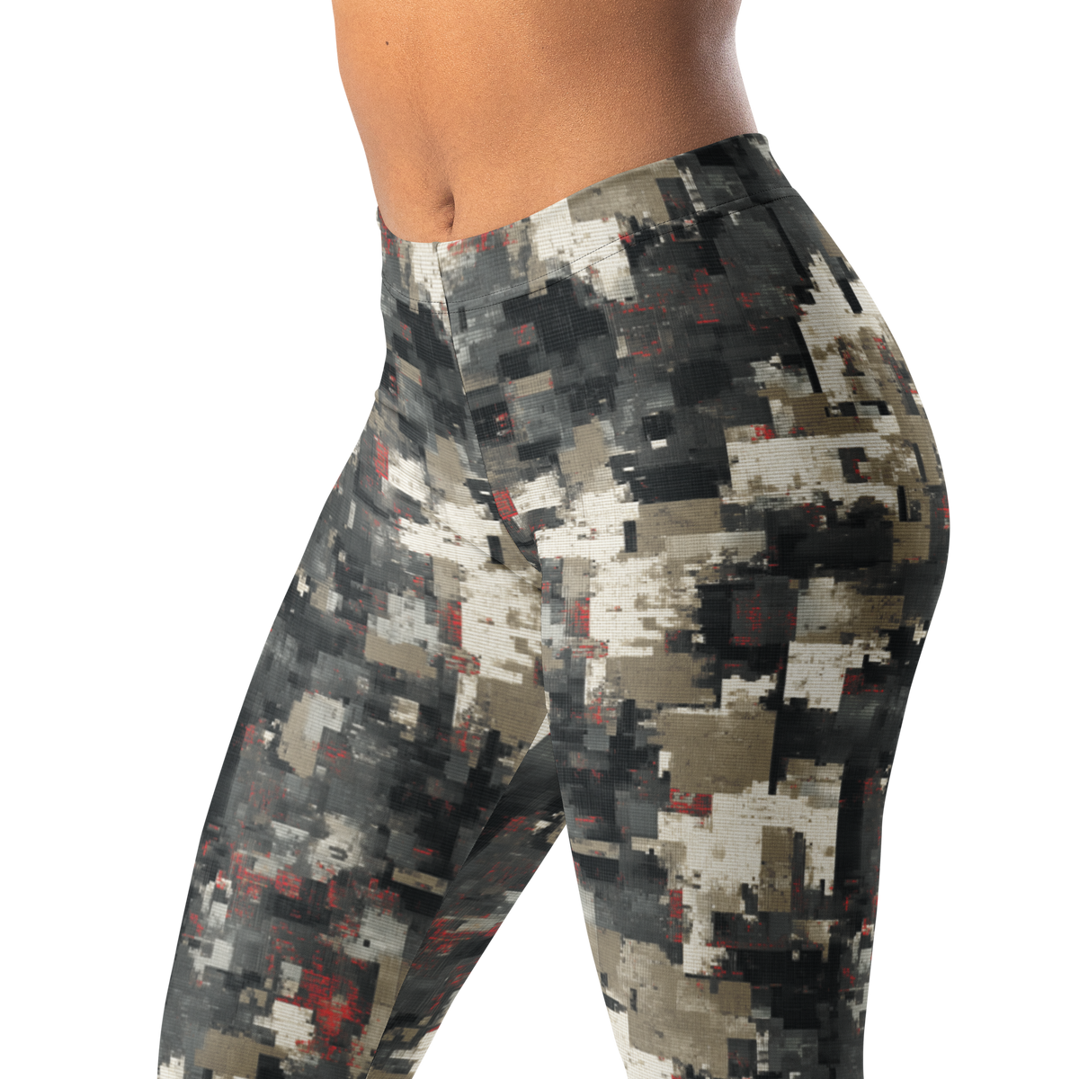 Glitchette Scarfhold camouflage mid-rise comfort leggings, waistband and pattern detail.