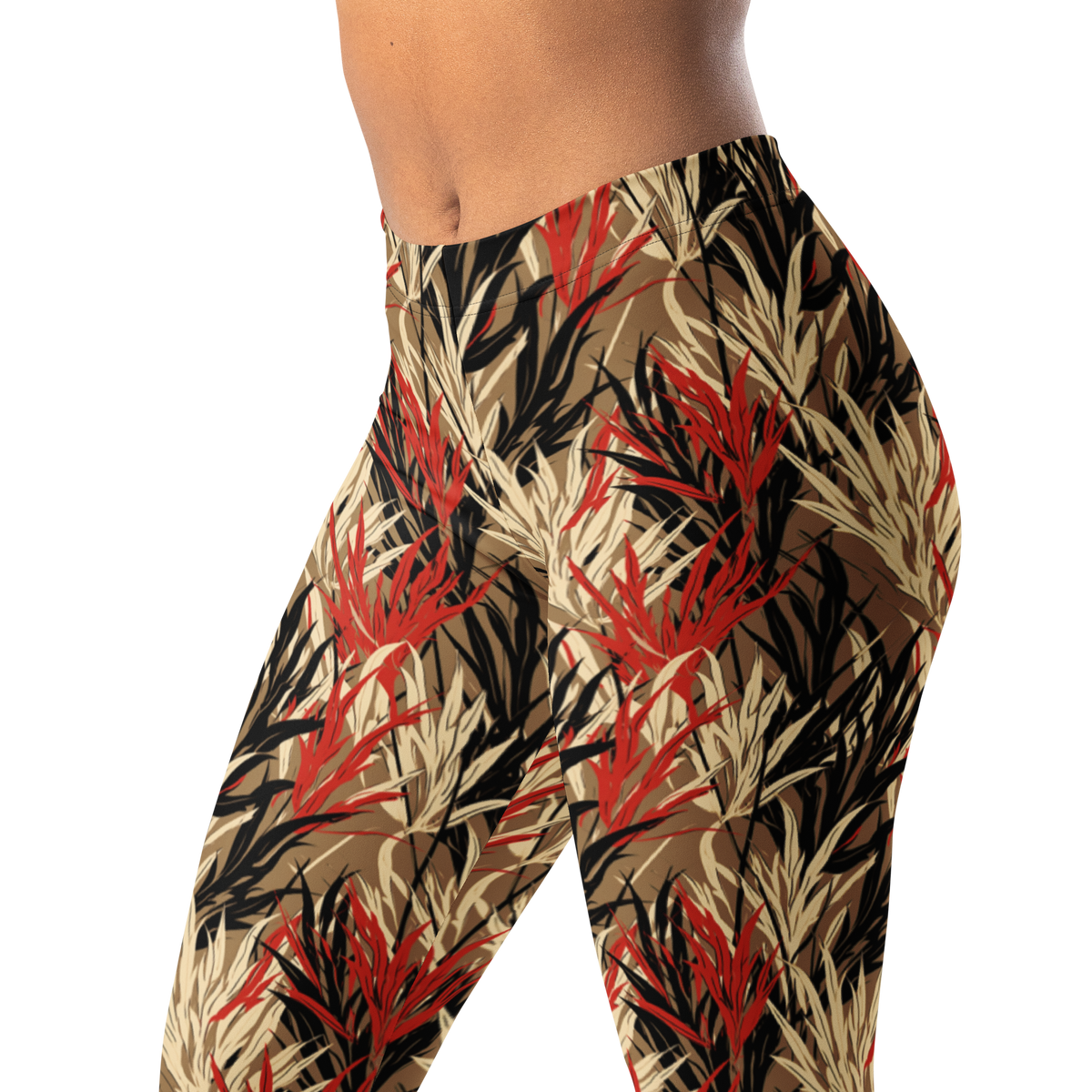 Grassland Scarfhold mid-rise comfort leggings, waistband and pattern detail.