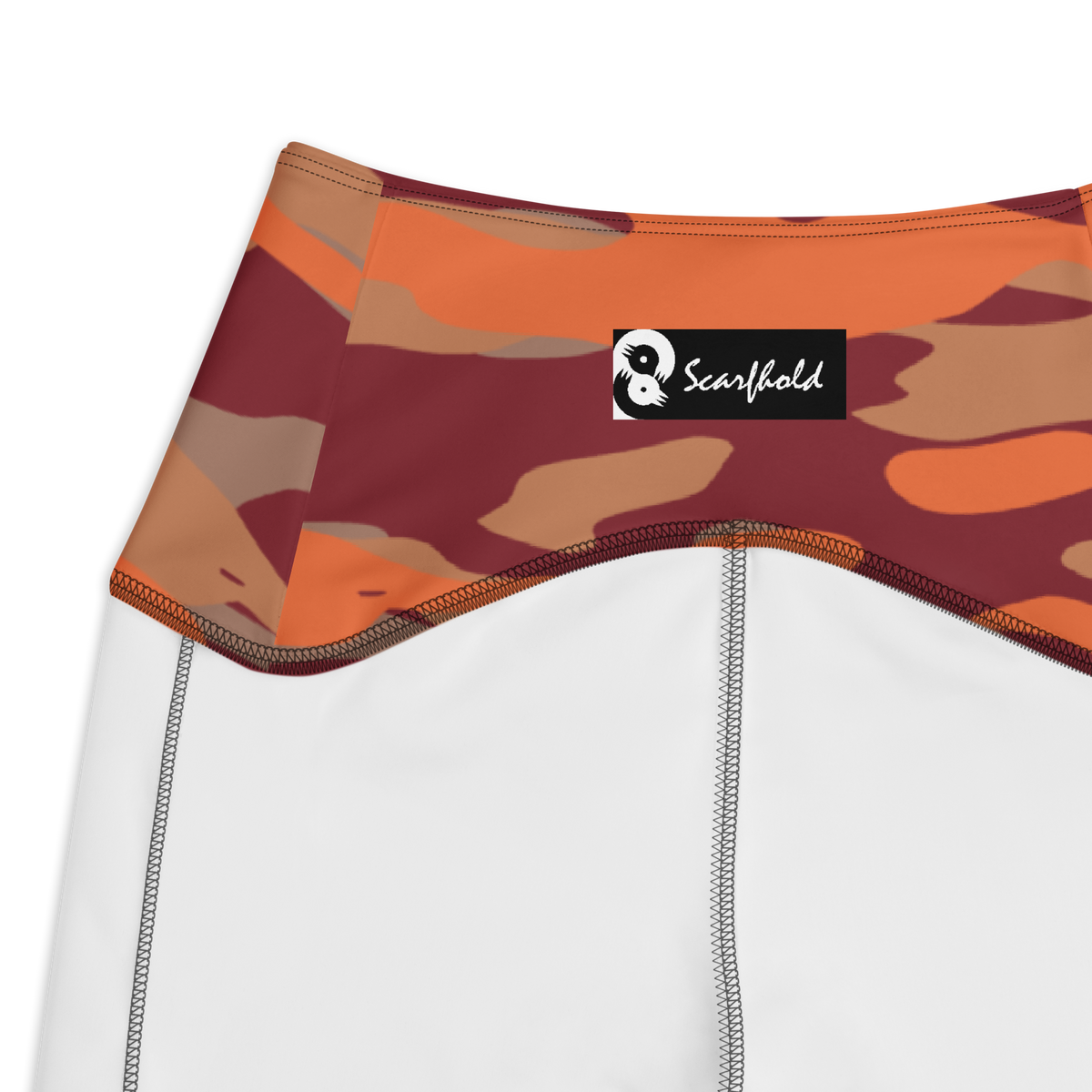 Gulf Deliciousness camouflage high-waisted pocket leggings, inside-label and construction detail.