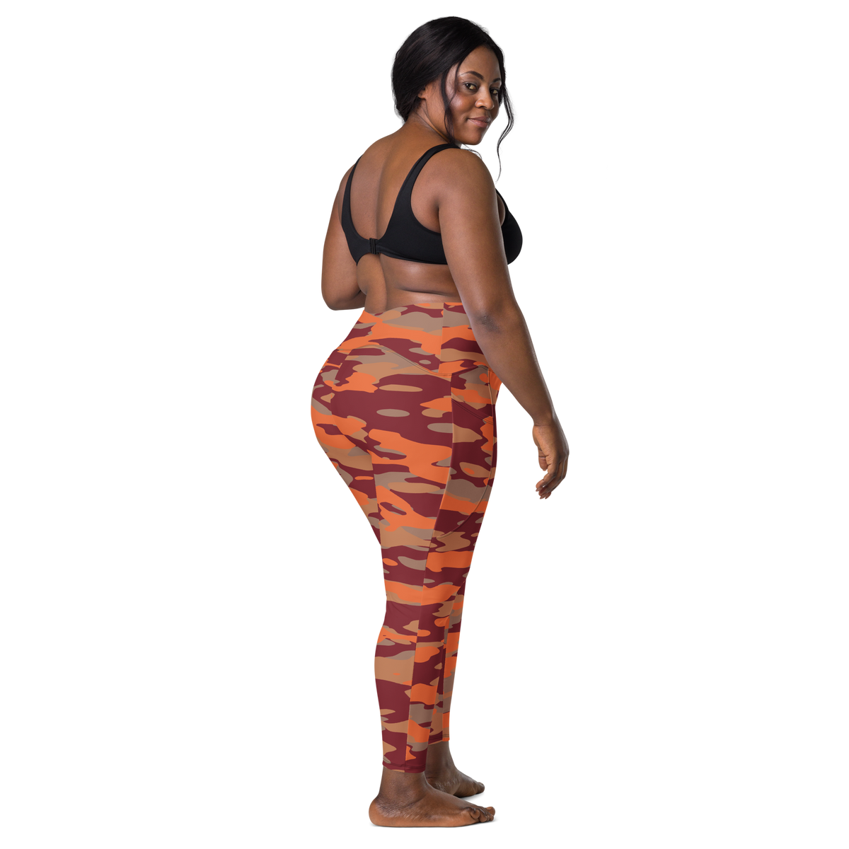 Gulf Deliciousness camouflage high-waisted pocket leggings, larger-model back view.