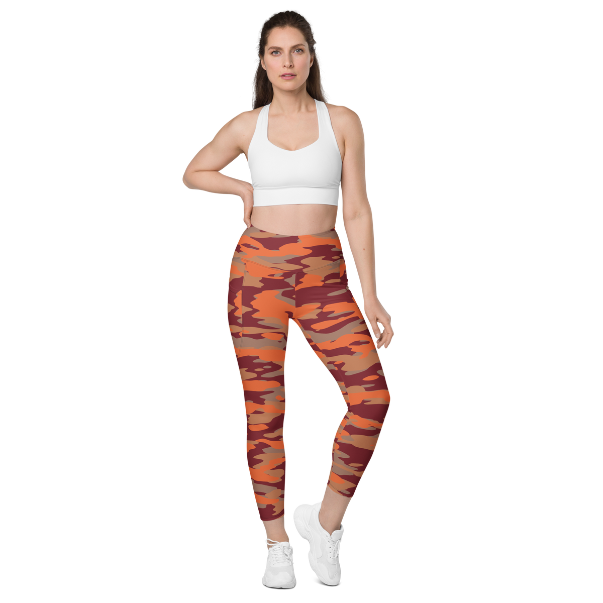 Gulf Deliciousness camouflage high-waisted pocket leggings, straight-front view.
