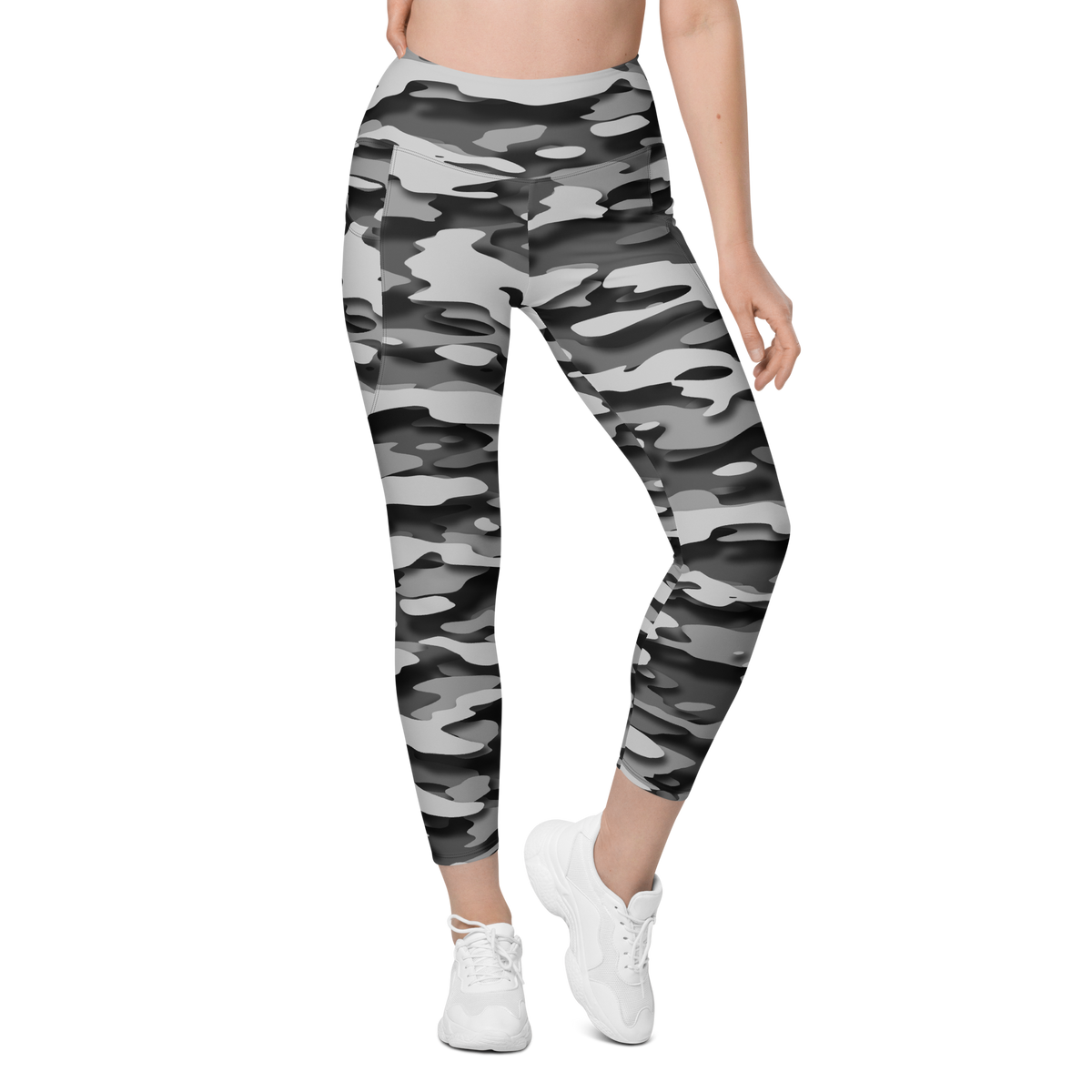 Gulf Greyscale camouflage high-waisted pocket leggings, front view.