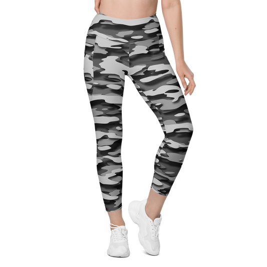 Gulf Greyscale camouflage high-waisted pocket leggings, front view.