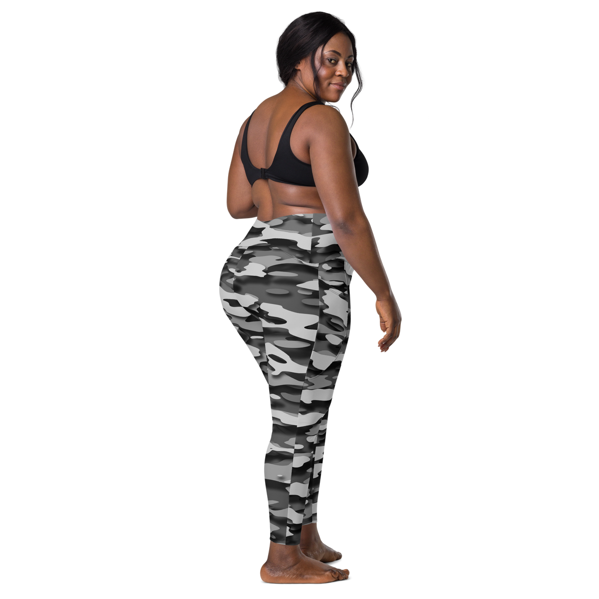 Gulf Greyscale camouflage high-waisted pocket leggings, larger-model back view.