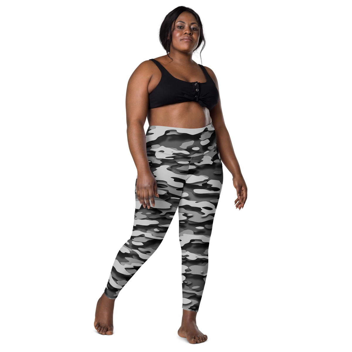 Gulf Greyscale camouflage high-waisted pocket leggings, larger-model front view.