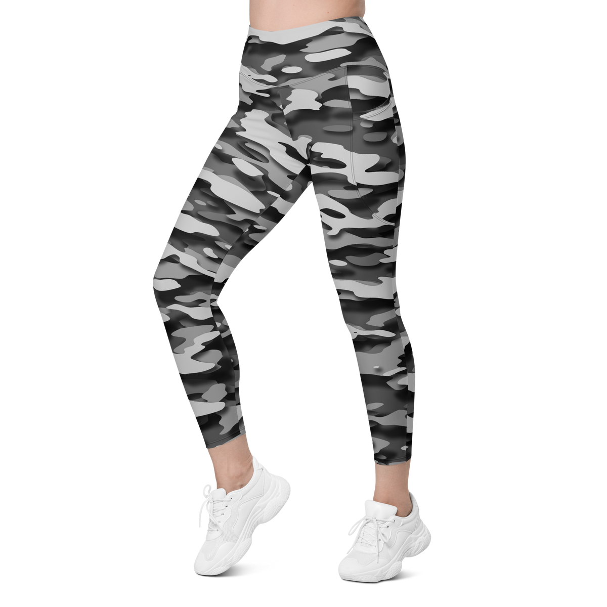 Gulf Greyscale camouflage high-waisted pocket leggings, left-front view.